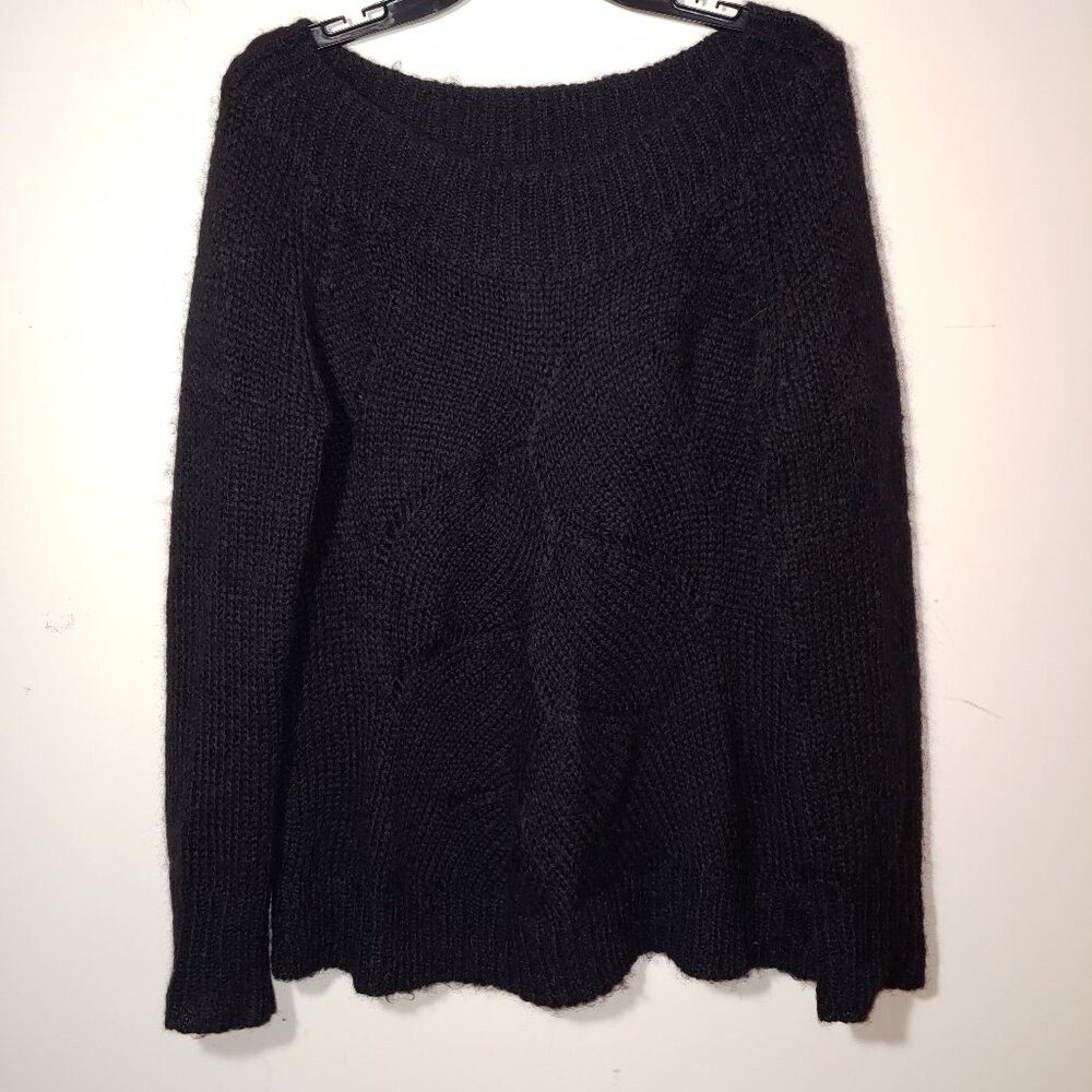 Ann Klein Black Mohair Wool Blend Boat Neck Open Knit Sweater Size L